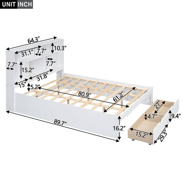 dimension image slide 1 of 2, Queen Size Solid Pine Wood Platform Kids Bed Frame with Built-In Storage Shelves of the Headboard and 2-Drawers, White