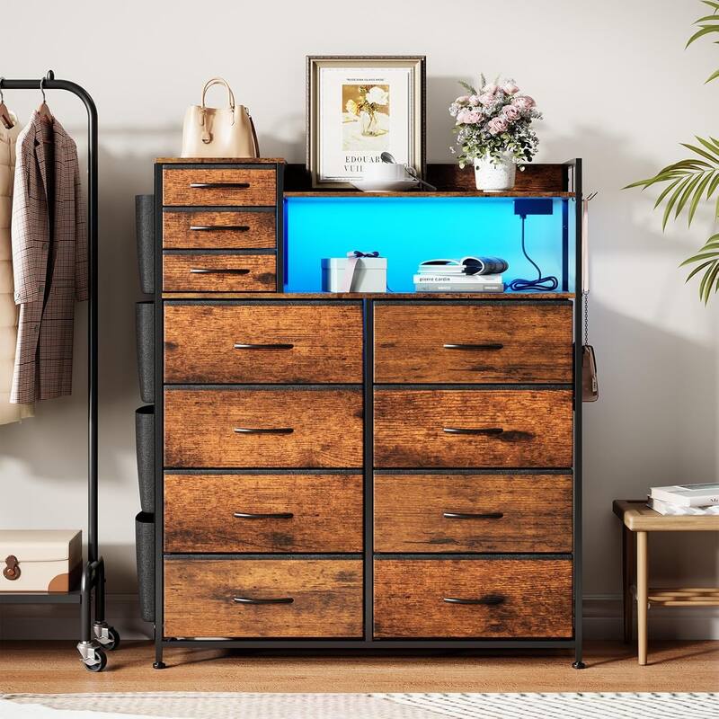 Dresser with Fabric Drawers with 11 Drawers for Storage Clothes,4 Side Pockets - Rustic Brown
