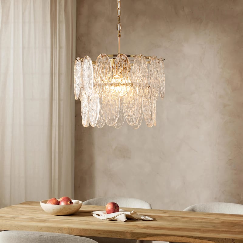 15.7" 2-Light Modern Luxury Gold Handmade Clear Textured Leaf-Shaped Glass Tiered Chandelier for Living Room, Dining Room