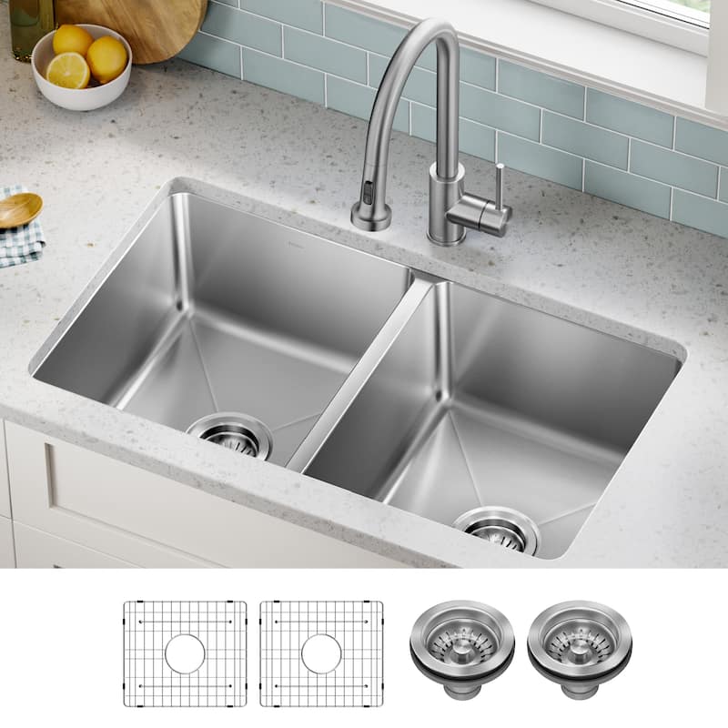 KRAUS Fairlane Undermount 18 Gauge Stainless Steel Kitchen Sink - 32 1/2" x 19" Double Bowl 50/50 split