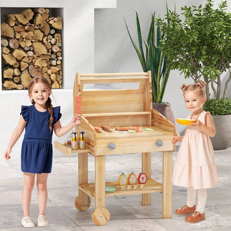 Kids Wooden BBQ Grill Playset with Accessories Side Trays and Storage Natural Pretend Outdoor Cooking Toy