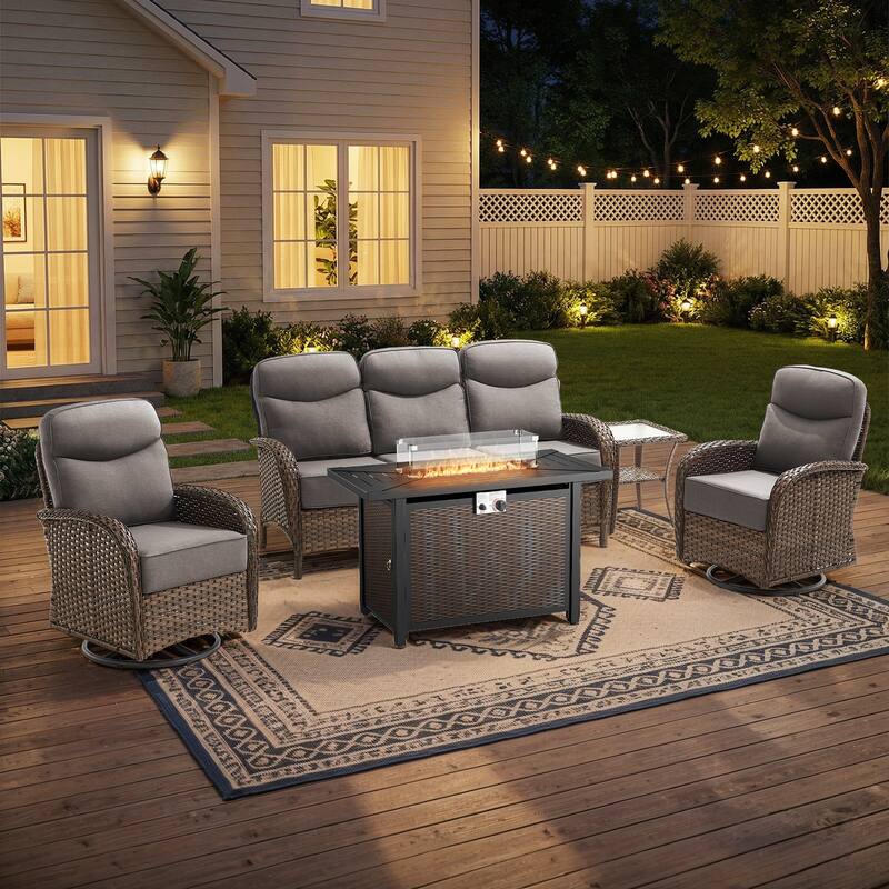 Pocassy Outdoor Sofa Swivel Chair and Ottman with Fire Pit Table - Brown Wicker Gray Cushion - 5PCS Sofa Swivel Chiar w/ Rectangle Fire Table