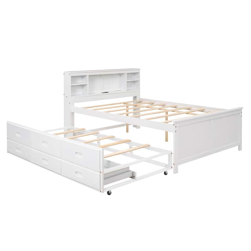 Roomfitters Full Platform Bed with USB Headboard, Pull-Out Trundle and Hidden Storage Compartments