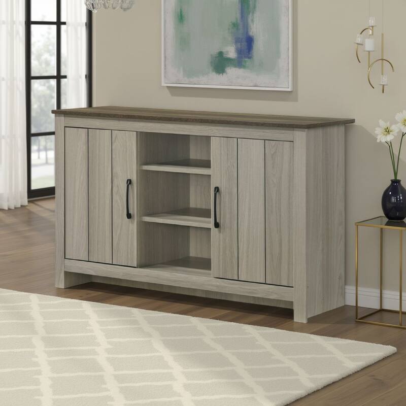 Nena Console Table with 3 Shelves and 2 Cabinet Doors, Gray Wood
