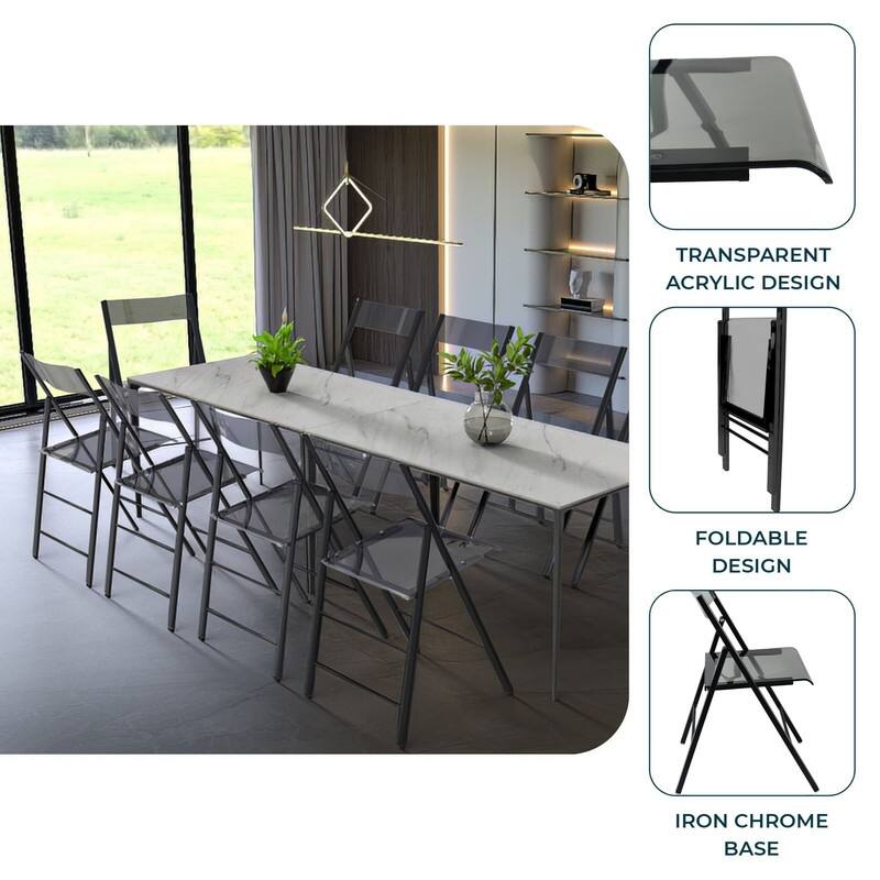 Menno Modern Folding Acrylic Dining Chair in Black Frame Stainless Steel with Rubber Pads, Fade Resistant, Assembled (Set of 2)