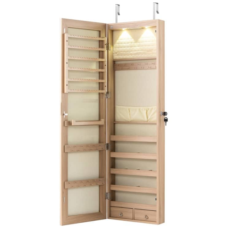 LED Lights Wall and Door Mounted Jewelry Storage Lockable Cabinet with Full Length Mirror - 14" x 4" x 54.5" (L x W x H)