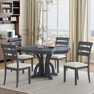 5-Piece Farmhouse Round Pedestal Extending Dining Table Set Extendable ...