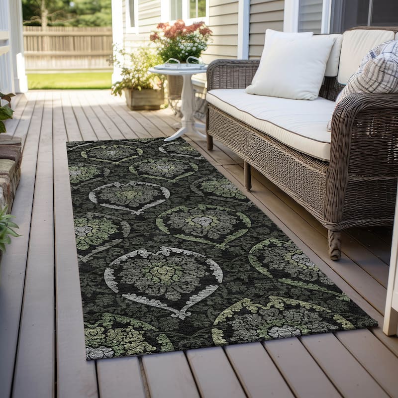 Machine Washable Indoor/ Outdoor Chantille Traditional Damask Rug - Green - 2'3" x 7'6"