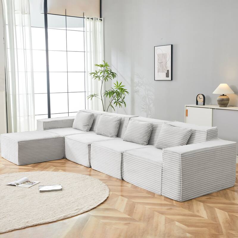 L-Shaped Modular Sectional Sofa with Ottoman, Striped Corduroy Deep Seat Cloud Couch, Large 4-Seat Corner Sofa