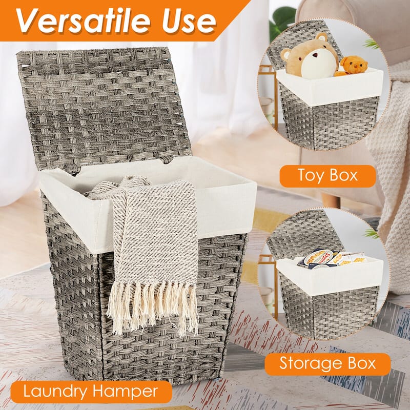 Gymax Handwoven Laundry Hamper Foldable w/Removable Liner, Lid & - 17.5'' X 12'' X 21''