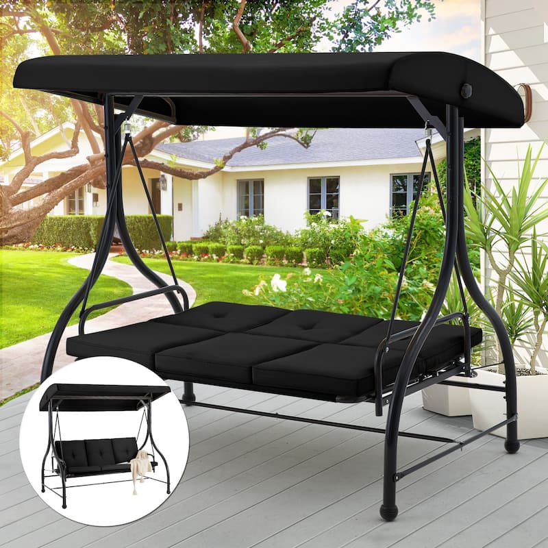 AECOJOY 3-Seat Outdoor Porch Swing w/ Canopy Outdoor Swing Bed
