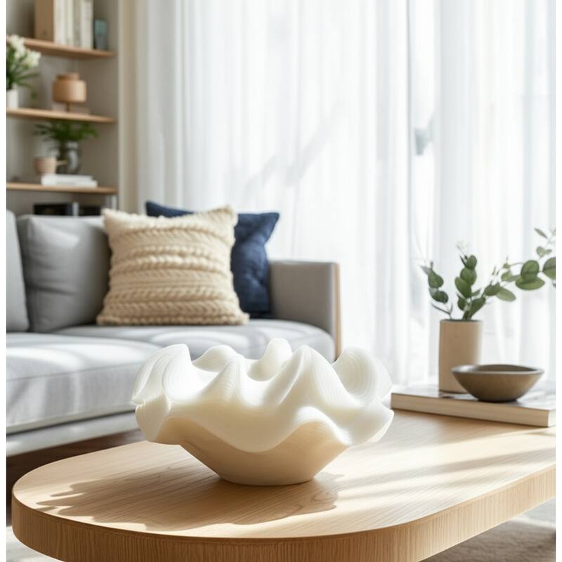 Resin Decorative Bowl Ruffled Edge Coral Accent Home Office - 7" White - 12" x 11.75" x 7.25"