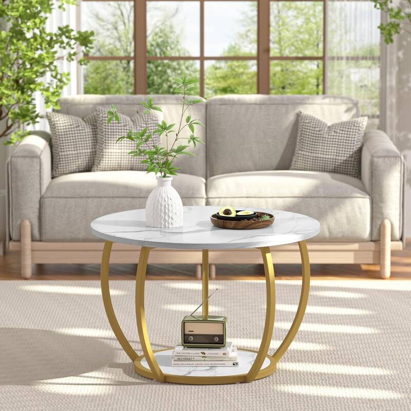Round Farmhouse Coffee Table w/Storage & Adj. Feet for Small Spaces