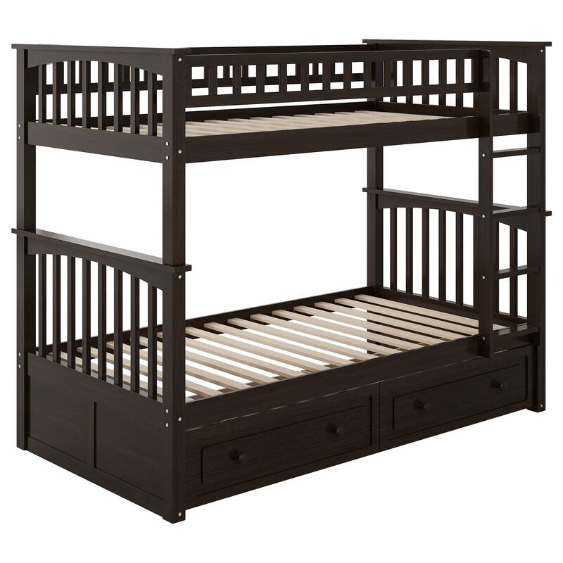 Convertible Twin Bunk Bed with Storage Drawers, Espresso Finish, Solid Pine & MDF Construction