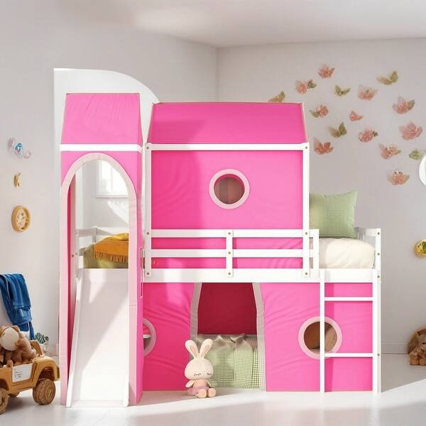 slide 2 of 18, Twin Size Castles Bunk Bed with Slide and Tent, Pink