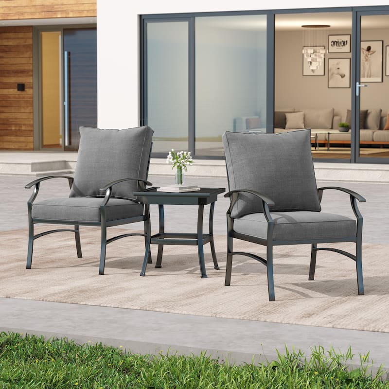 3 Piece Patio Metal Armchair/Side Table Seating Group with Cushions