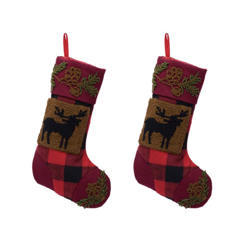 Glitzhome 19"L Plaid Hooked Stocking Reindeer Bear