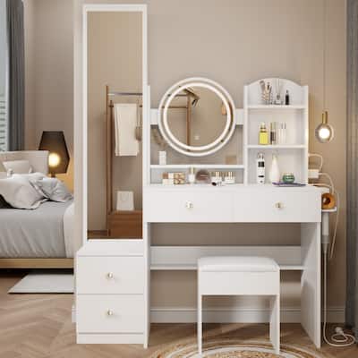 Adjustable LED Makeup Vanity with Mirror, Stool and USB Port