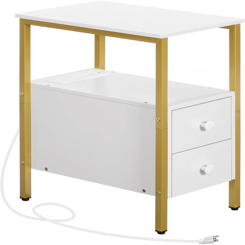 End Table with Charging Station - 11.8"D x 18.9"W x 24"H - Gold + White