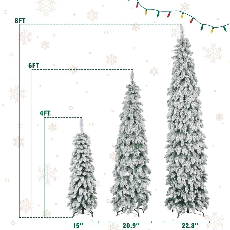 3-Piece Pre-Lit Pencil Christmas Tree Set 8FT 6FT 4FT, Snow Flocked Slim Trees with 520 LED Lights and 11 Modes, 1455 Tips