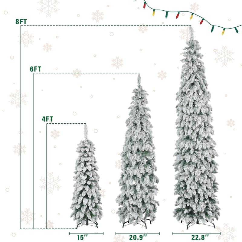 8FT, 6FT, 4FT Pre-Lit Pencil Christmas Trees, 3-set Slim Artificial Christmas Tree With Snow Flocking, 11 Lighting Modes