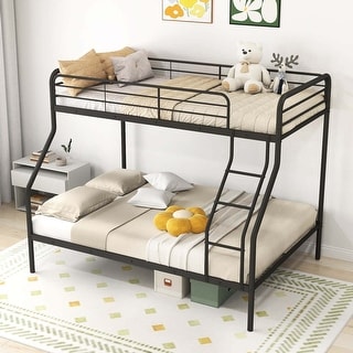 Twin Over Full Bunk Bed Heavy-Duty Metal Bunk Bed w/ Guardrail &Ladder