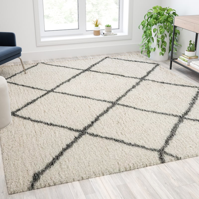 Shag Style Diamond Trellis Area Rug - 8' x 10' - Ivory/Gray - Rectangle