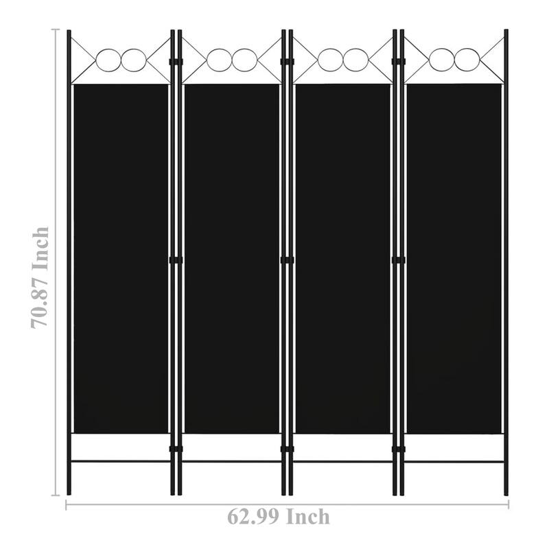Dina 4 Panel Room Divider Screen, Black Fabric, Iron Frame, 63 Inch