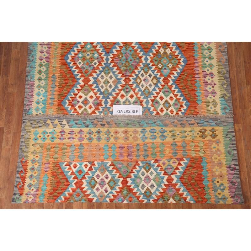 Hand Woven Oriental 100% Wool Carpet Southwestern Geometric Oranges & Rust Kilim Area Rug - 9' 6'' X 6' 6''