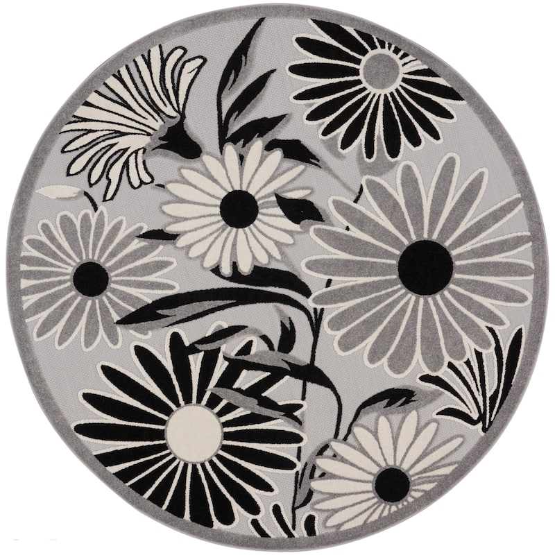 Nourison Alice Indoor/Outdoor Floral Area Rug. - Black/White - 5'3"xRound