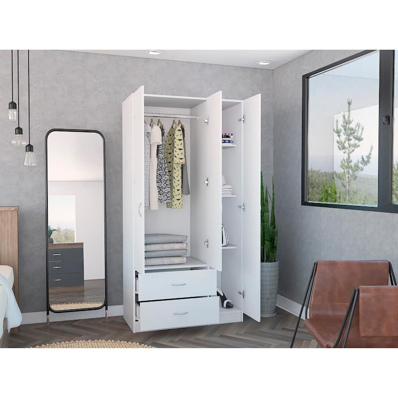 Three Door Armoire ,Two bottom drawers, Bedroom, White