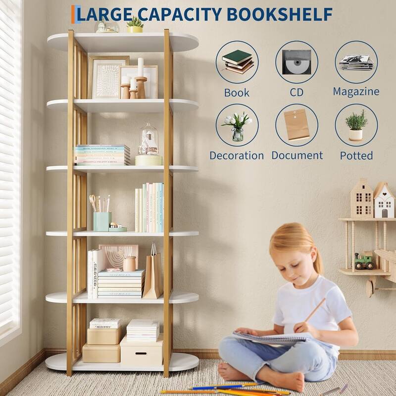 6 Tier 71" Freestanding Open Storage Industrial Bookshelf, Bookcase for Bedroom, Living Room