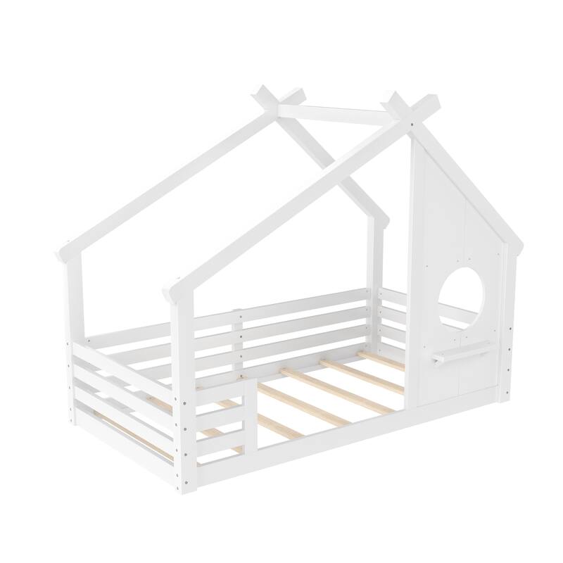 Twin House Floor Bed with Window and a Small Shelf, Solid Wood Floor Bed with House-shaped Roof, No Spring Box Needed