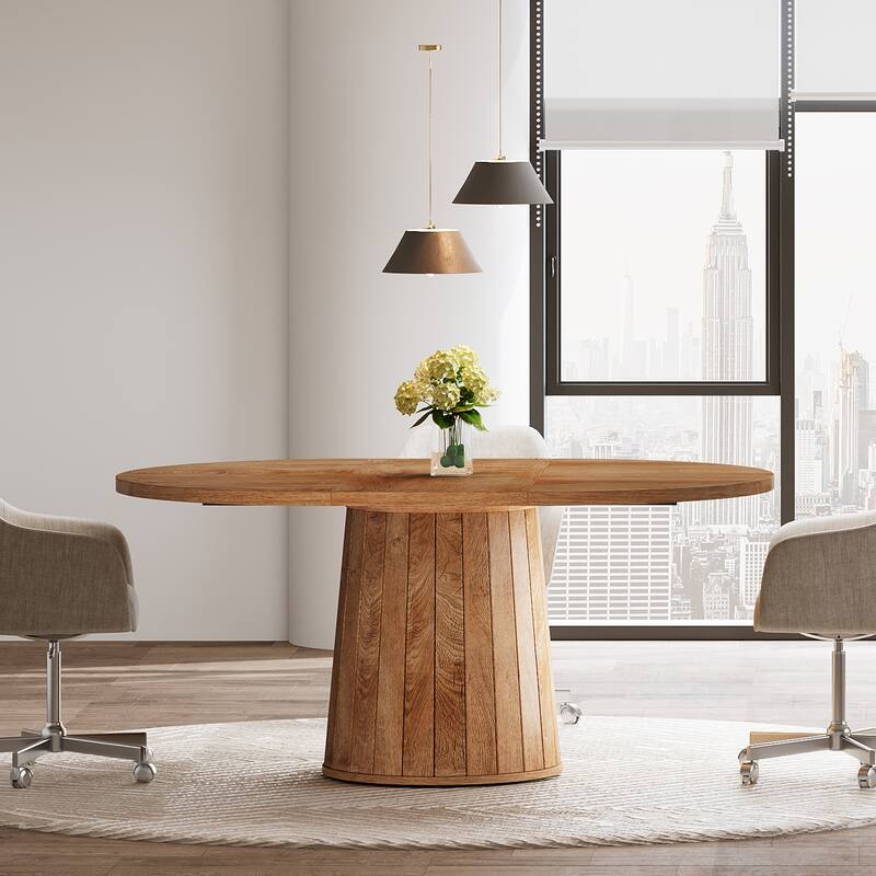 55.11 Inch Brown Wood Oval Conference Table with Wood Base for 6 People