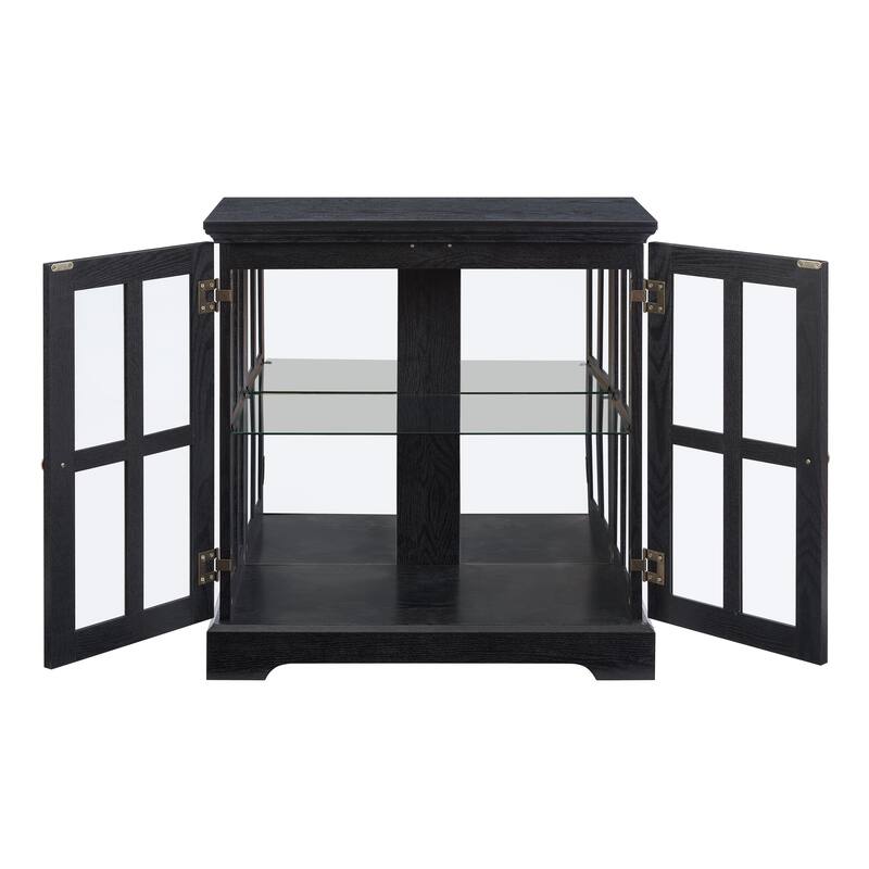 LED Curio Display Cabinet with Grille Doors, Antique Display Cabinet with Adjustable Shelves, Wooden Accent Storage Cabinet