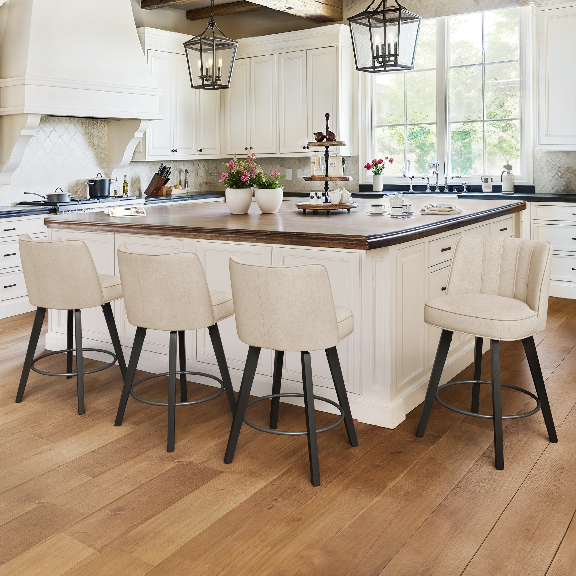 Counter Height Swivel Bar Stools, Upholstered Fabric Faux Leather Barstools Armless Set of 4 for Home Bar, Coffee Bar