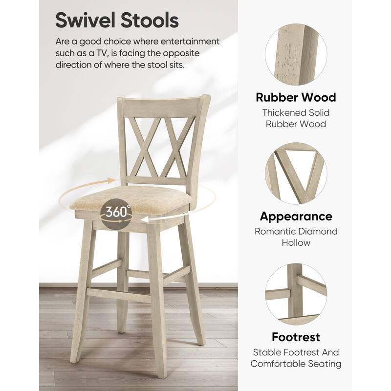 Double X Back Wood 360° Swivel Bar Stool with Foot Rest Upholstered Cushion