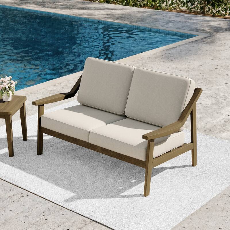 Outdoor Teak Wood Slat Back Patio Loveseat Sofa