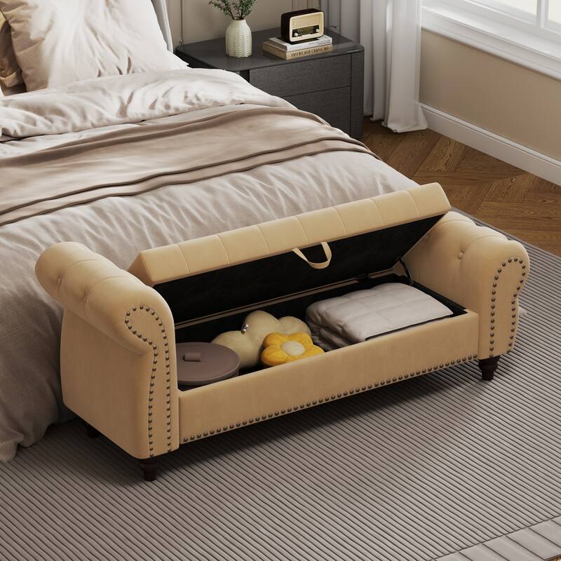 64.5" Storage Bench for Bedroom, Large Capacity Upholstered Ottoman, End of Bed Tufted Chaise Lounge with Rolled Arm