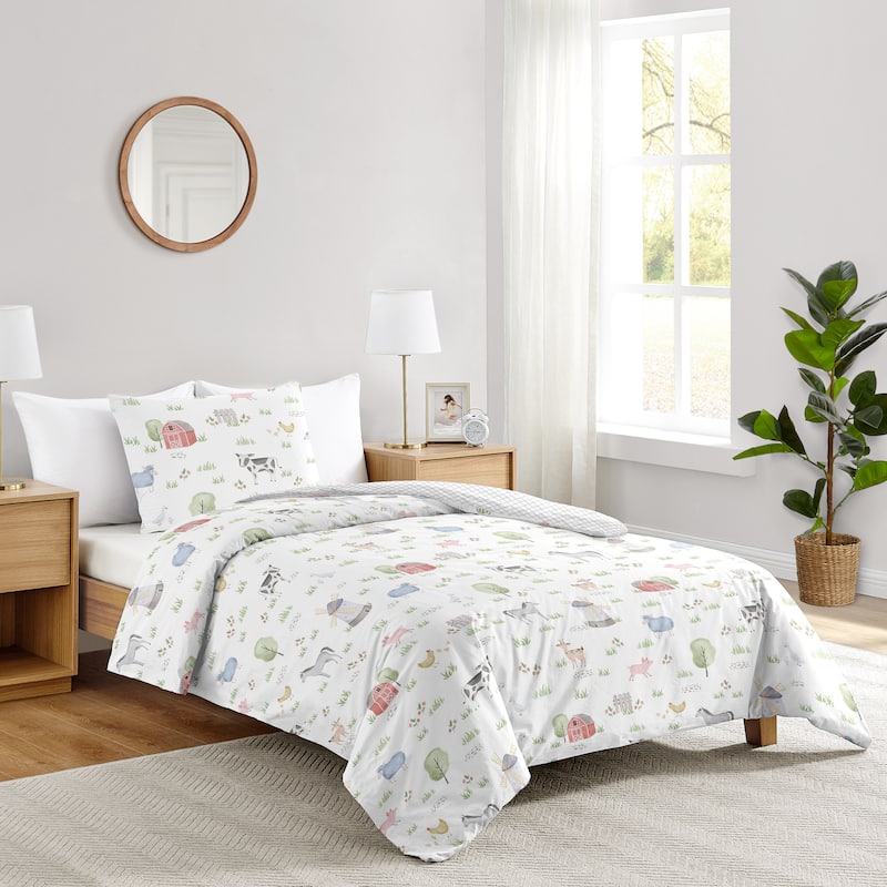 Farm Animals Collection Boy or Girl 2-piece Twin-size Comforter Set - Watercolor Farmhouse Lattice Horse Cow Sheep Pig