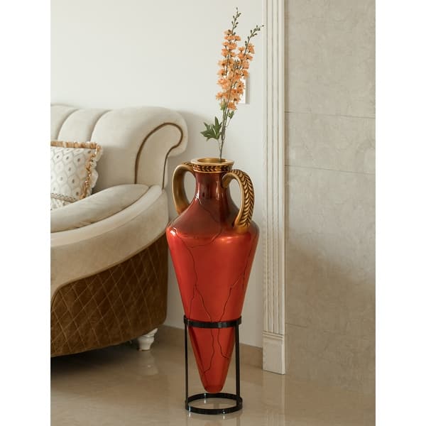 Roman Style Large Pointed Amphora 35 Tall Floor Vase On Metal Tripod Stand Red And Gold Overstock 32650932