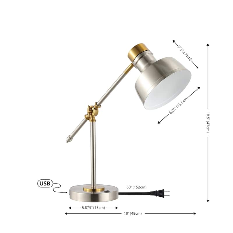 Odile 18.5" Classic Farmhouse Adjustable Cantilever LED Task Lamp with USB Charging Port, by JONATHAN Y