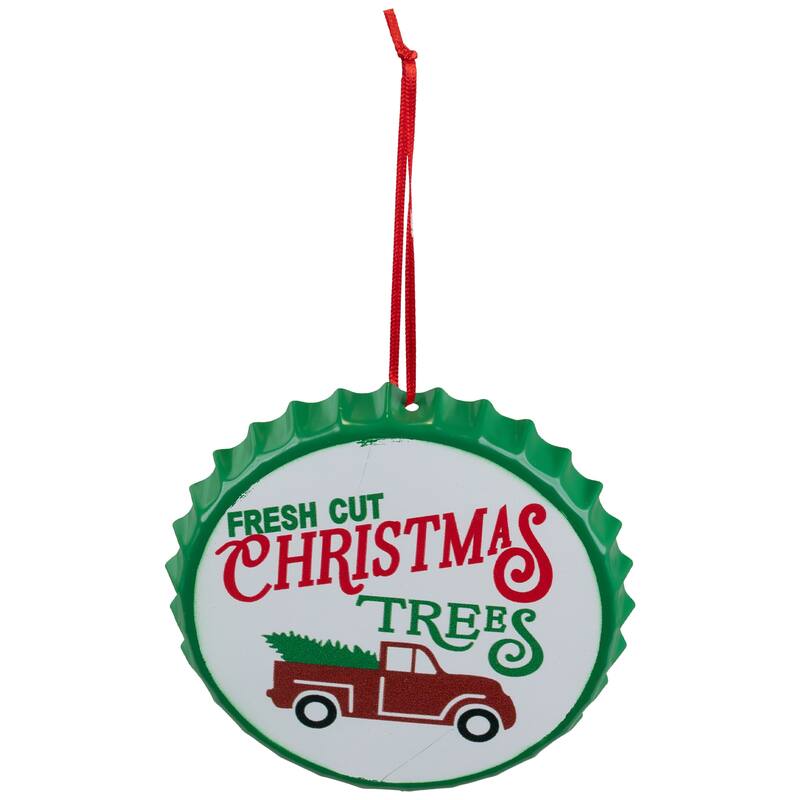 4" White Iron Cap "Fresh Cut Christmas Tress" With a Vintage Truck Ornament