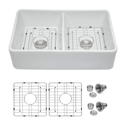 Lordear 32 Inch White Ceramic Farmhouse Double Bowl Kitchen Sink
