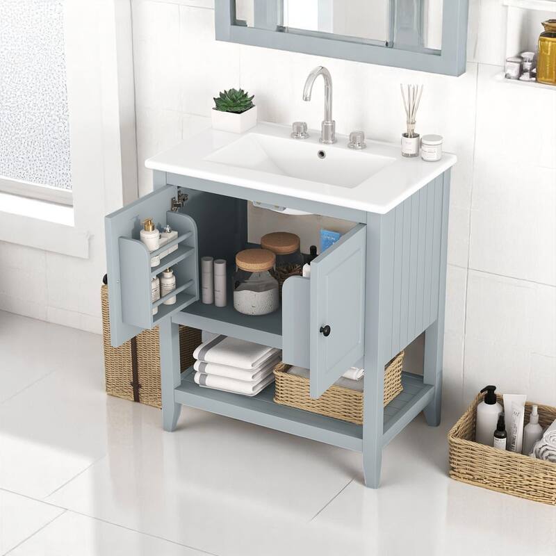 30" Freestanding Bathroom Vanity with Semilune Ceramic Sink, Solid Wood Frame & Open Shelf Design