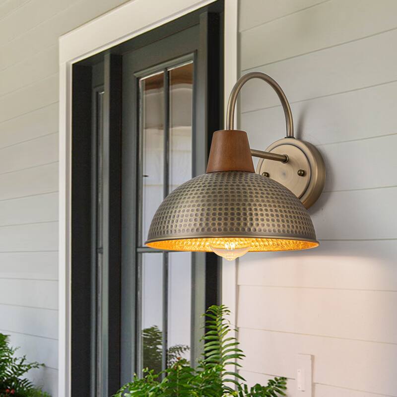 Farmhouse Industrial 1-Light Wall Sconce with Hammered Metal Shade Barn Outdoor Light - W10.24"