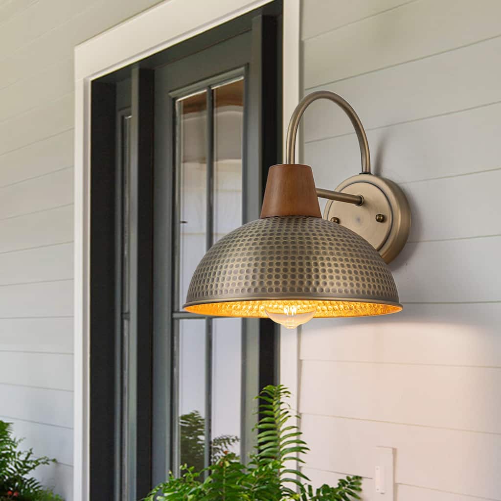Farmhouse Industrial 1-Light Wall Sconce with Hammered Metal Shade Barn Outdoor Light - W10.24"