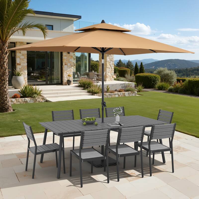 11-Piece Outdoor Dining Set Aluminum Table and 8 Stackable Chairs w/ 10 ft Umbrella and Base Stand - Dark Grey Table with Tan Umbrella