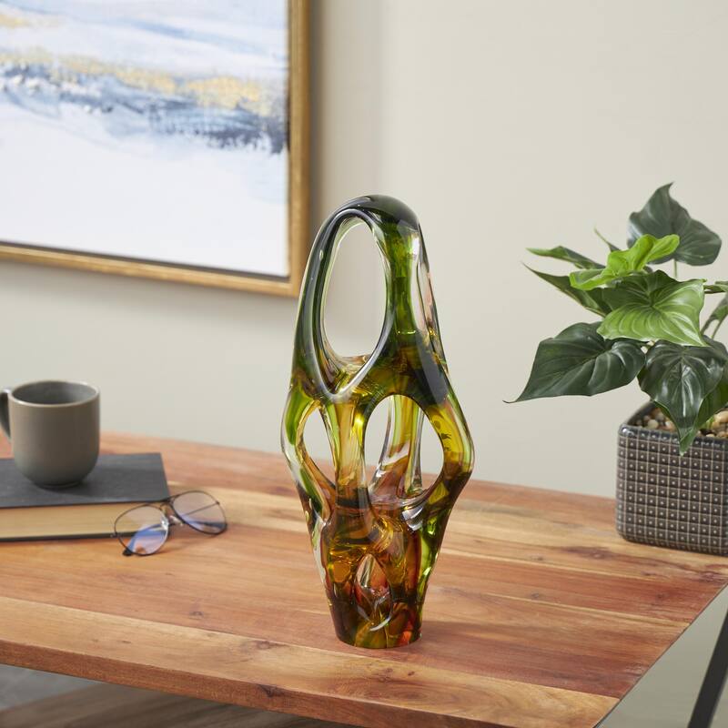 Glass Abstract Ombre Cutout Decorative Sculpture with Amber Accents - Green - Roche River Decor