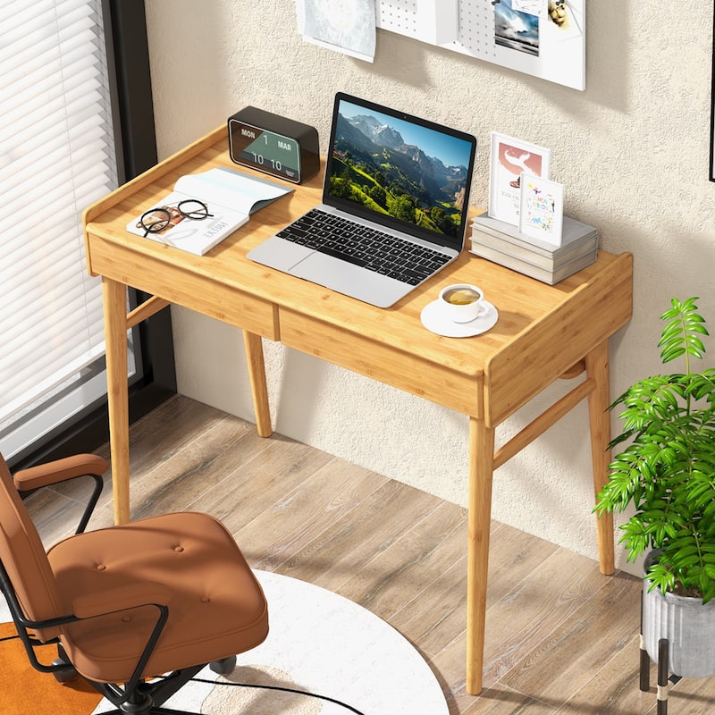 Costway Bamboo Writing Desk 39.5" Computer Study Desk with 2 Storage